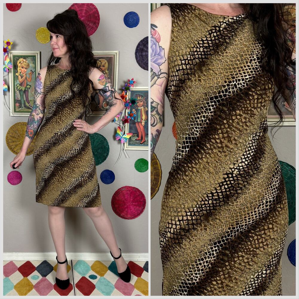 Vintage Y2K Brown and Gold Snakeskin Print Sleeveless Slinky Dress